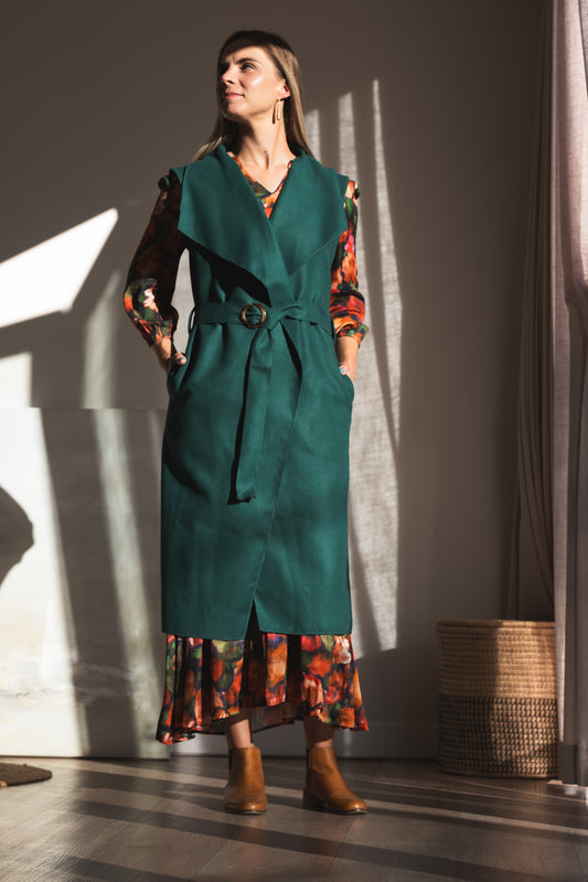 Bold Sleeveless Coat - Bottle Green