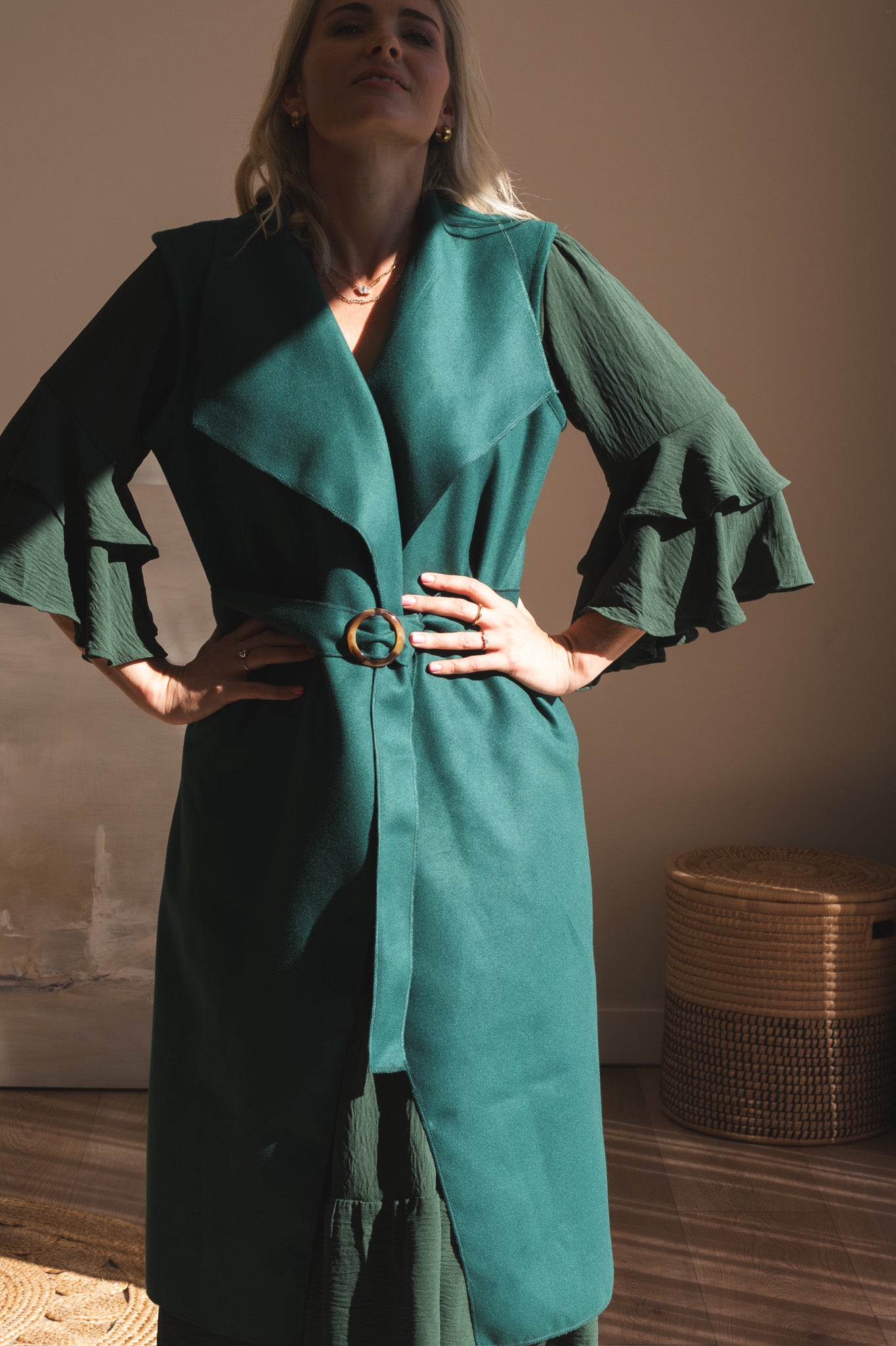 Bold Sleeveless Coat - Bottle Green