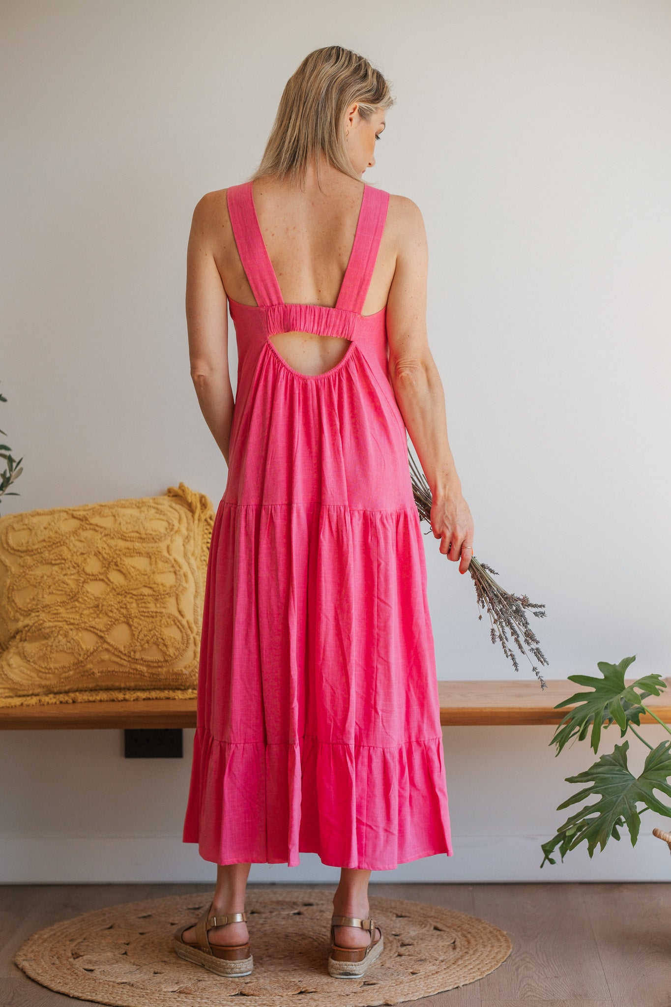 Cut-out Pink Linen Maxi Dress